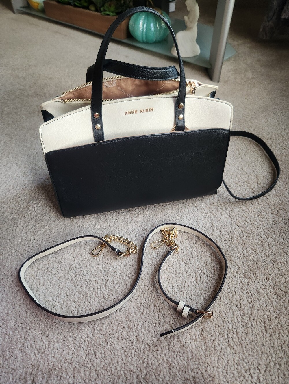 Anne Klein Black and Cream Two-Tone Satchel with Gold Accents